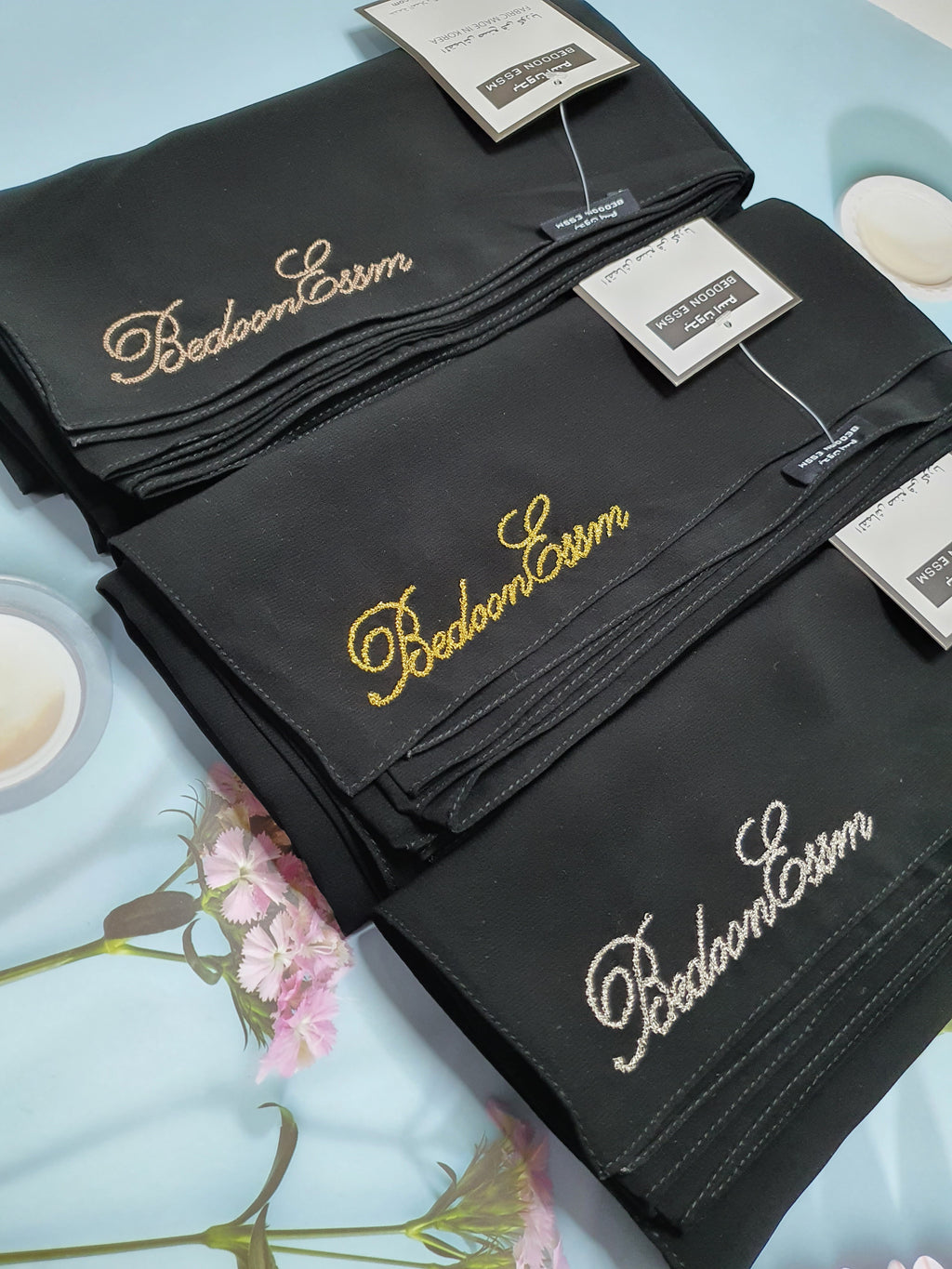Bedoon Essm Plain Embroidery Signature Hijab Shawl - 65cm x 200cm